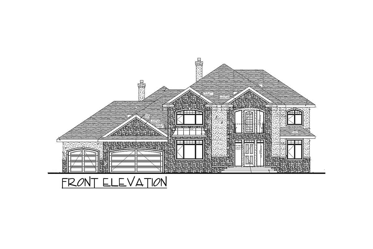 Front elevation drawing of a two-story house with stone facade, arched garages, dormers, and multiple gables.