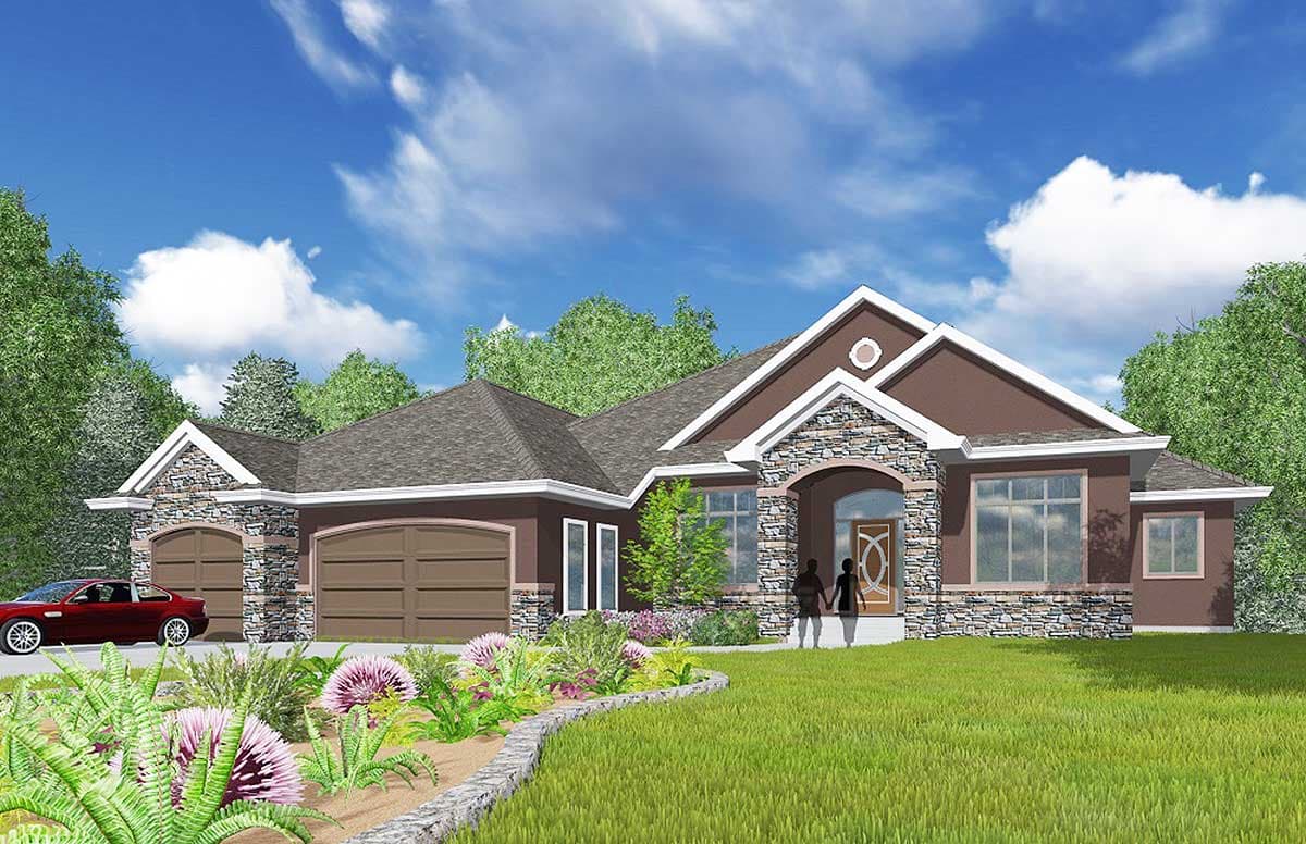 House plan exterior: one-story home with a stucco finish, stone accents, arched entry, and a three-car garage.