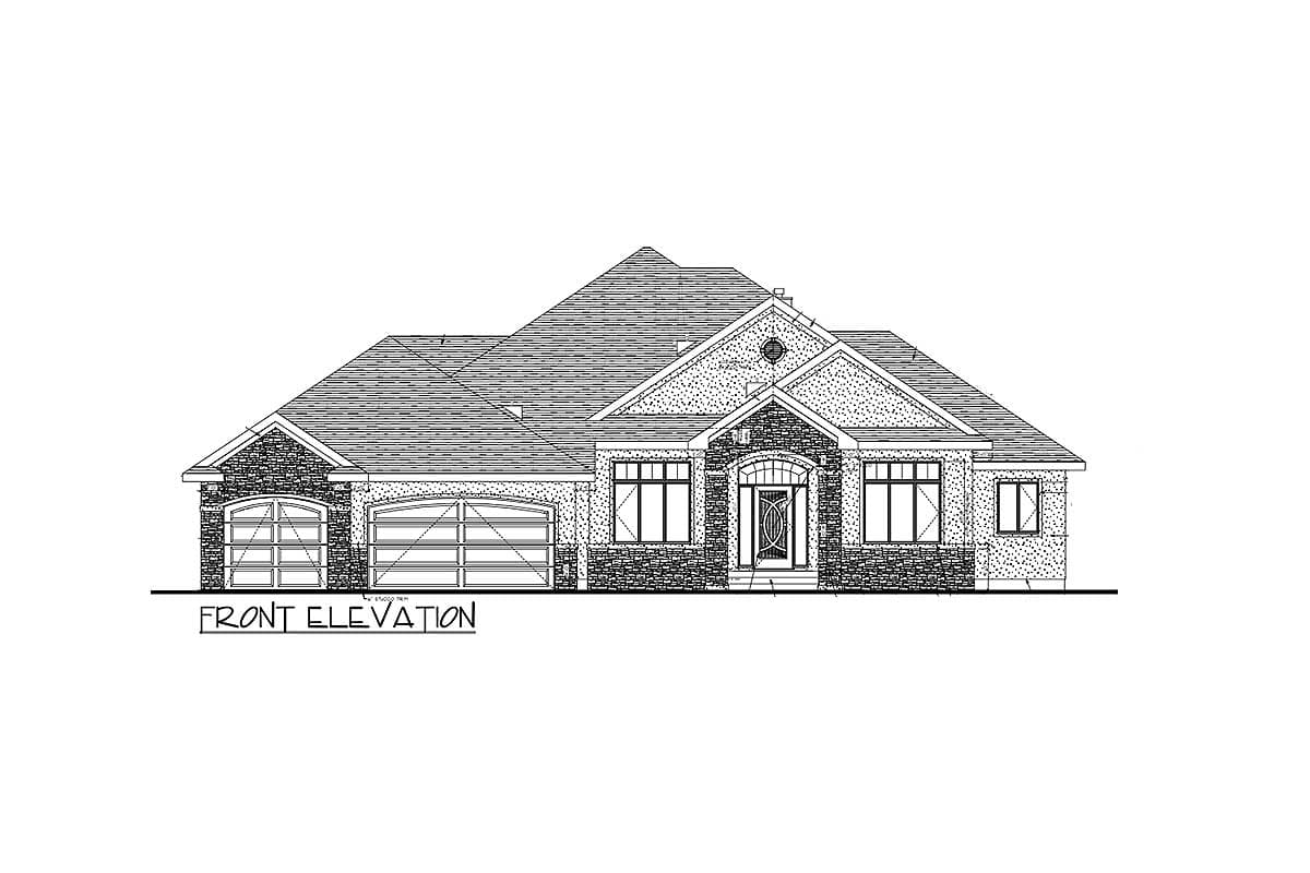 Front elevation of a single-story house plan featuring a prominent gabled roof, stone accents, a two-car garage, and an arched entry.