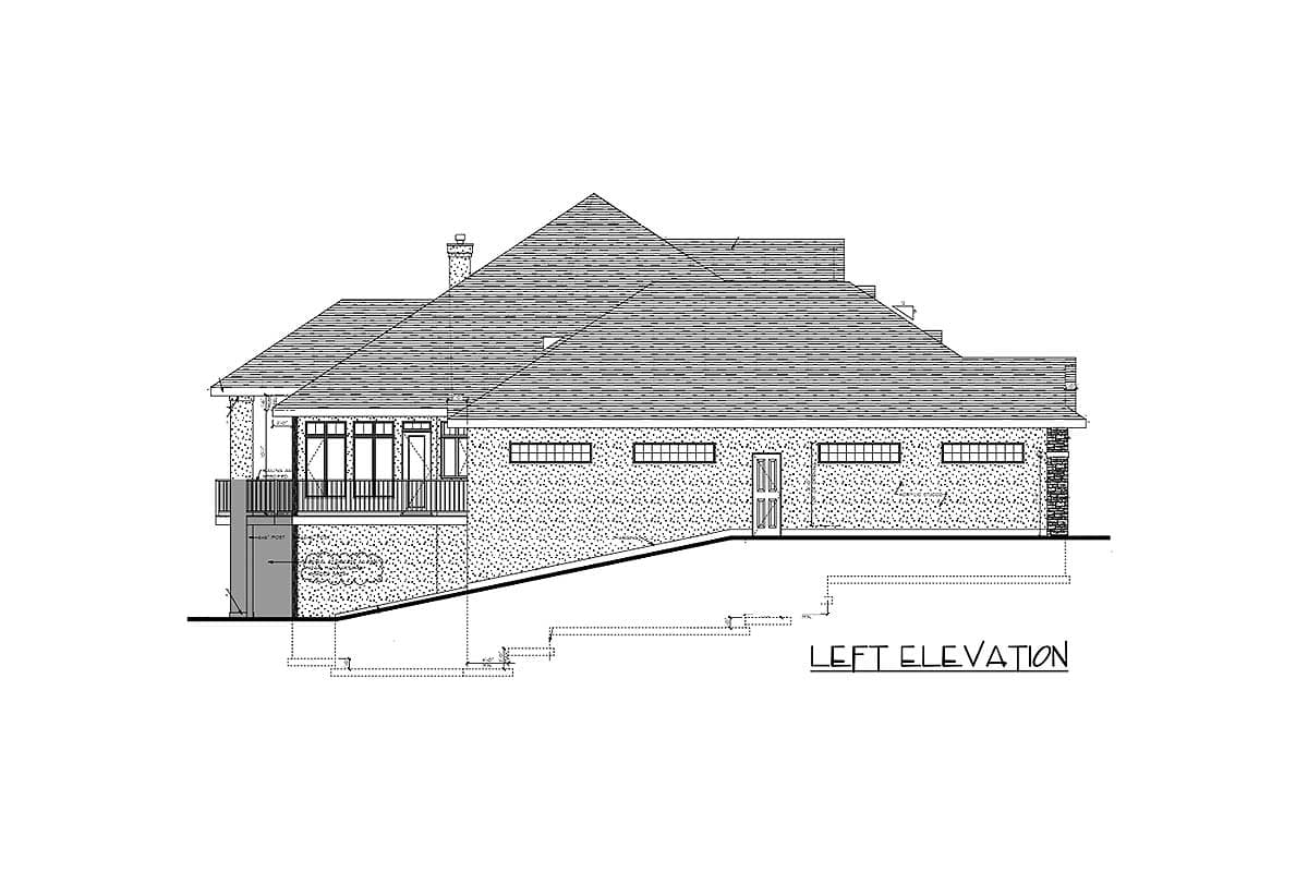 Left elevation drawing of a house plan showing a multi-level roofline, stone exterior, deck, and windows.