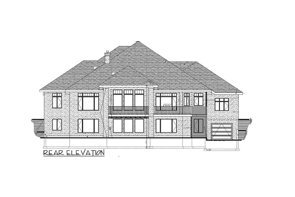 Rear elevation drawing of a two-story house with a hip roof, multiple balconies, and an attached garage.