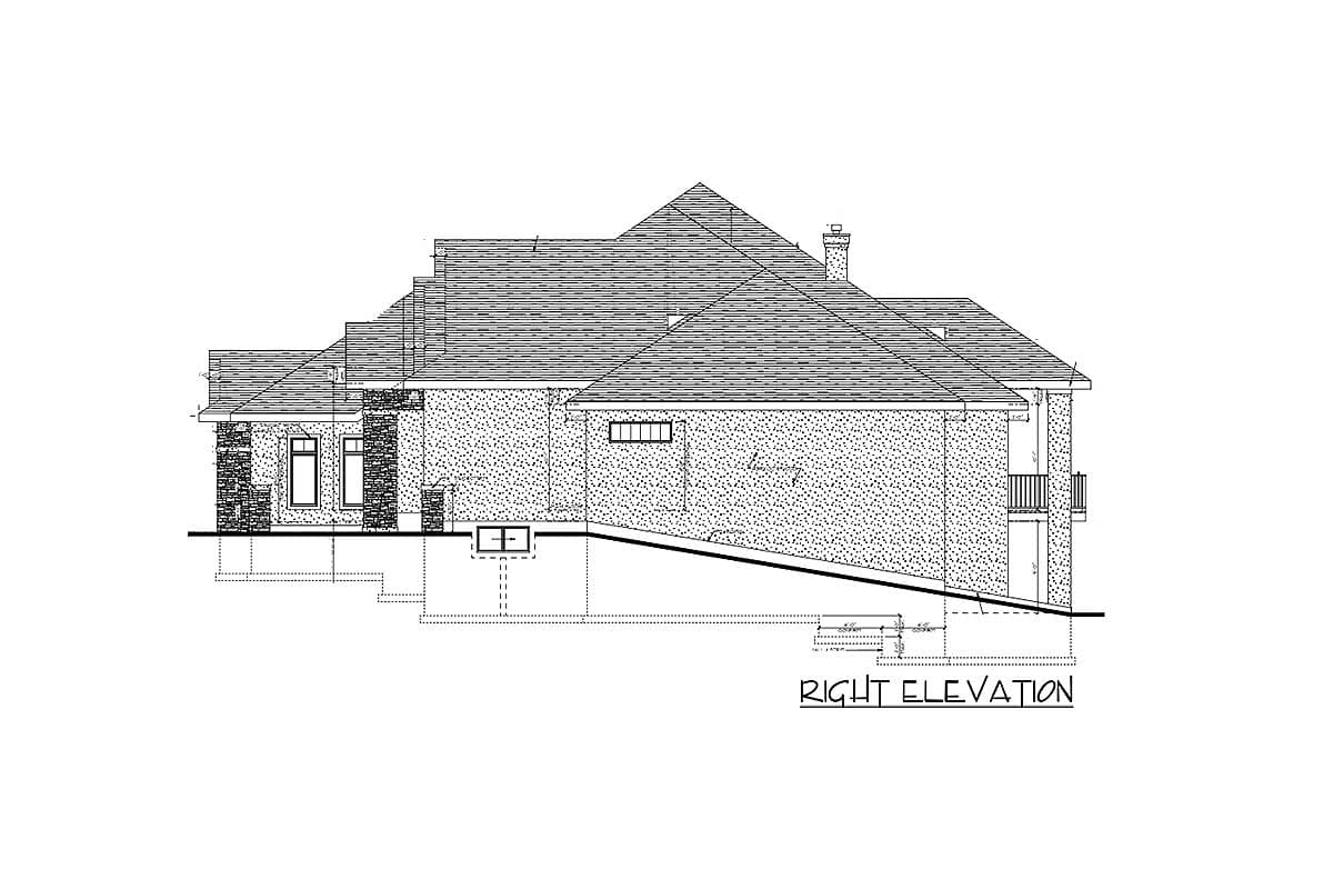 Architectural drawing of a house plan's right elevation, featuring a stone facade, multiple rooflines, a chimney, and a balcony.