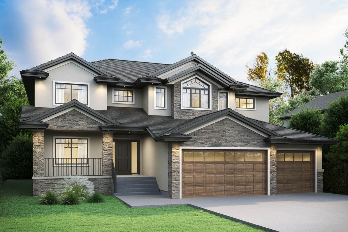 House plan exterior: Two-story home with stone accents, a covered porch, and a three-car garage.