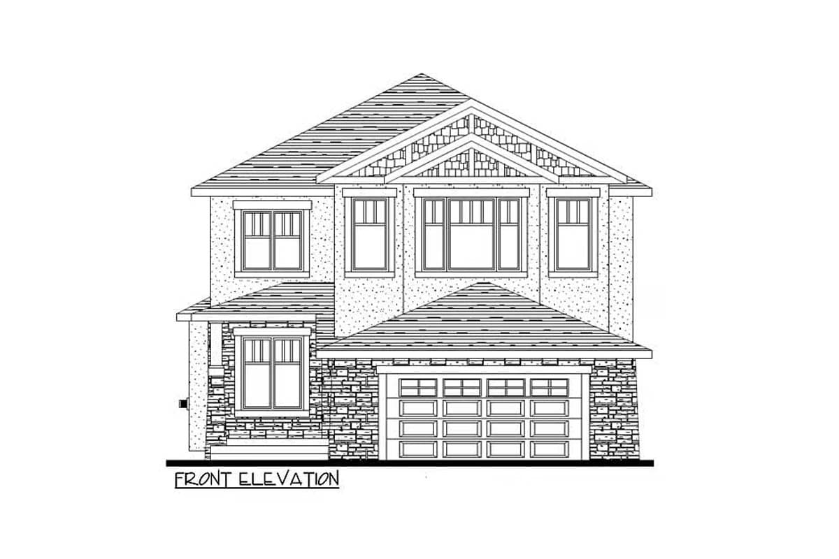 Front elevation drawing of a two-story house plan with a gable roof, stone accents, and a multi-panel garage door.