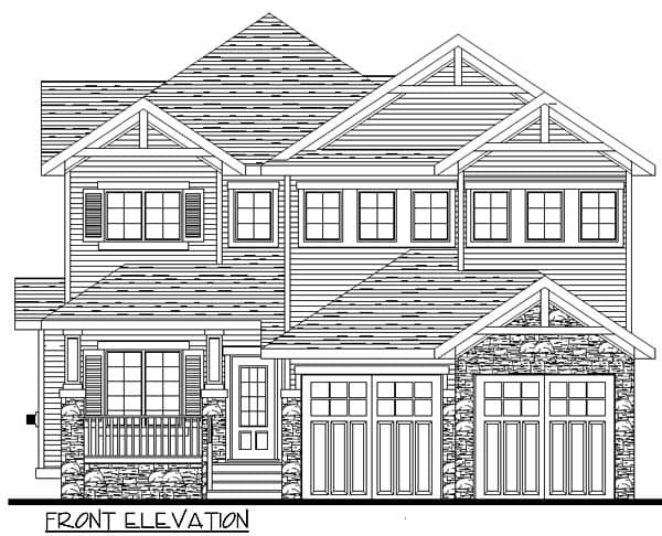 Front elevation house plan with stone accents, gabled dormers, covered porch, and two garage bays.