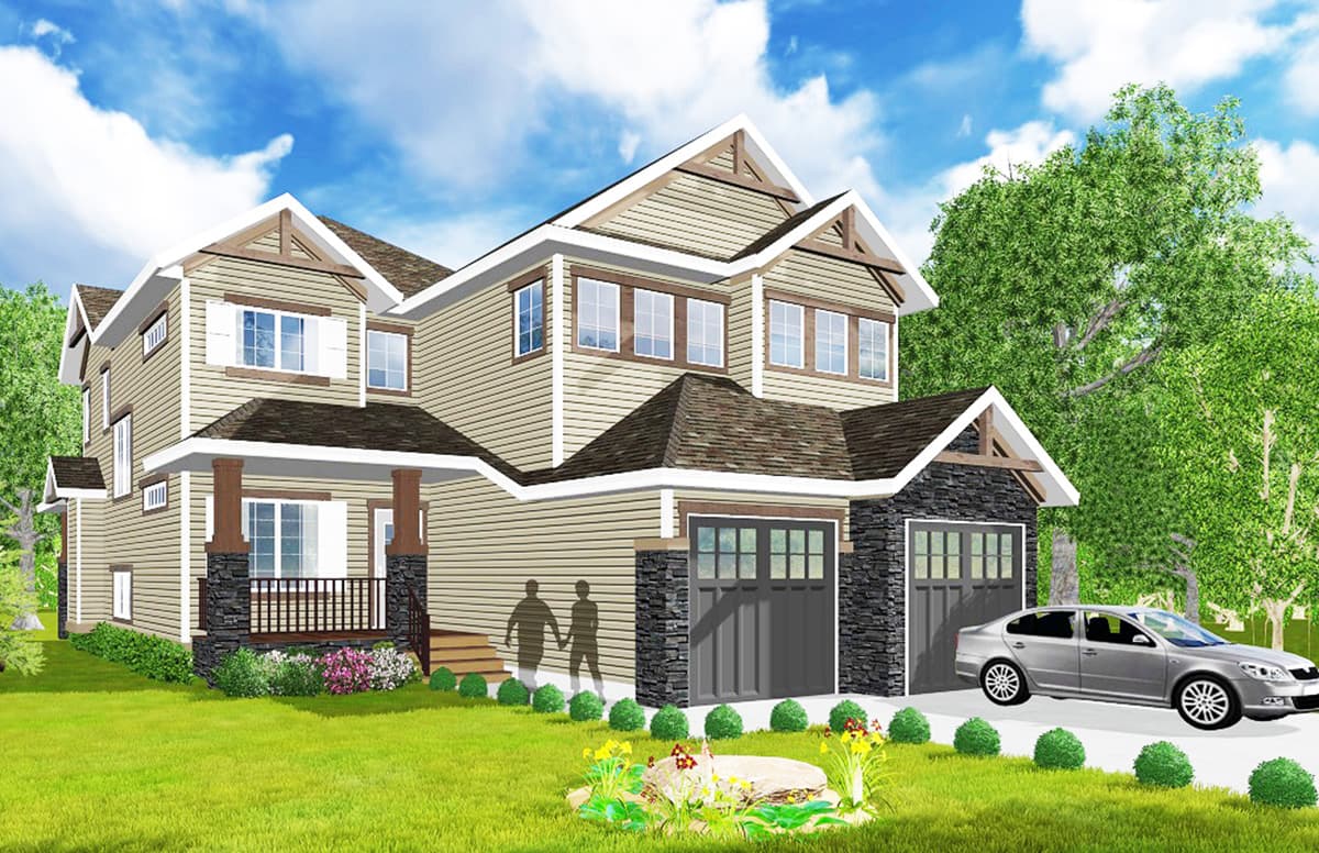 House plan exterior: two-story home with gabled dormers, stone accents, a covered porch, and a double garage.