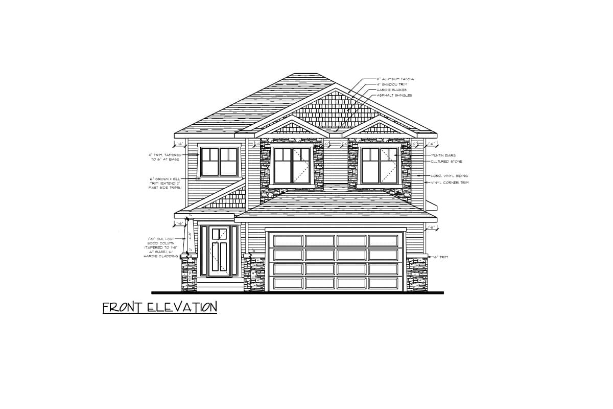 Front elevation drawing of a two-story house plan with stone, horizontal siding, and gable detailing.