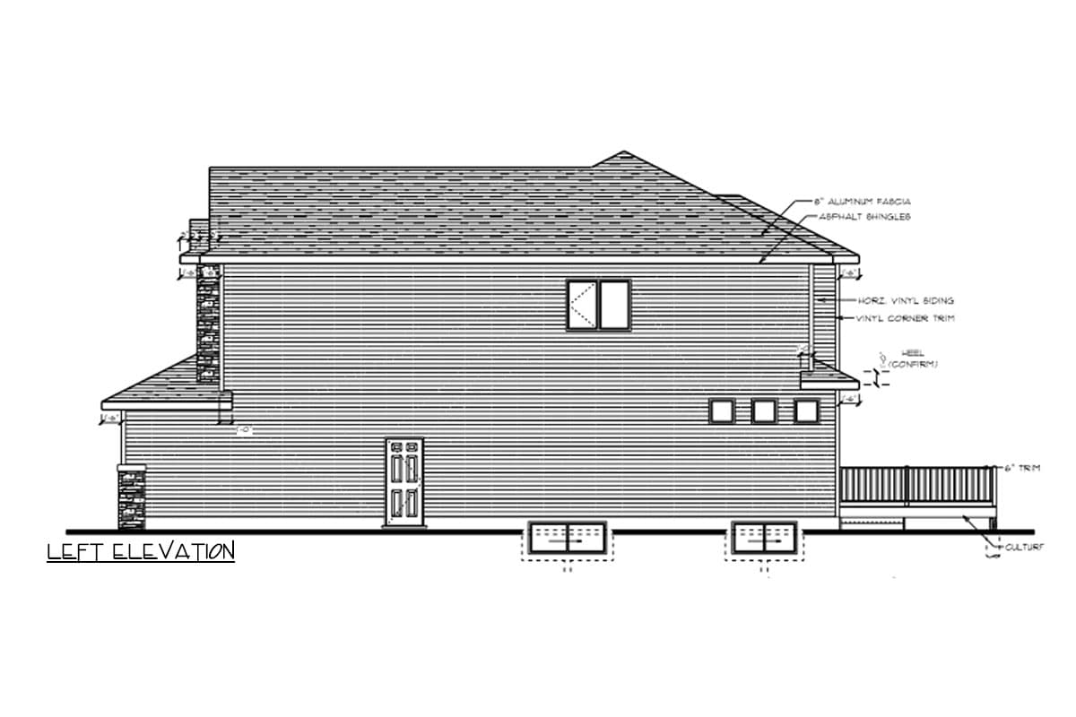 Left elevation house plan with horizontal vinyl siding, asphalt shingles, a deck, and basement windows.