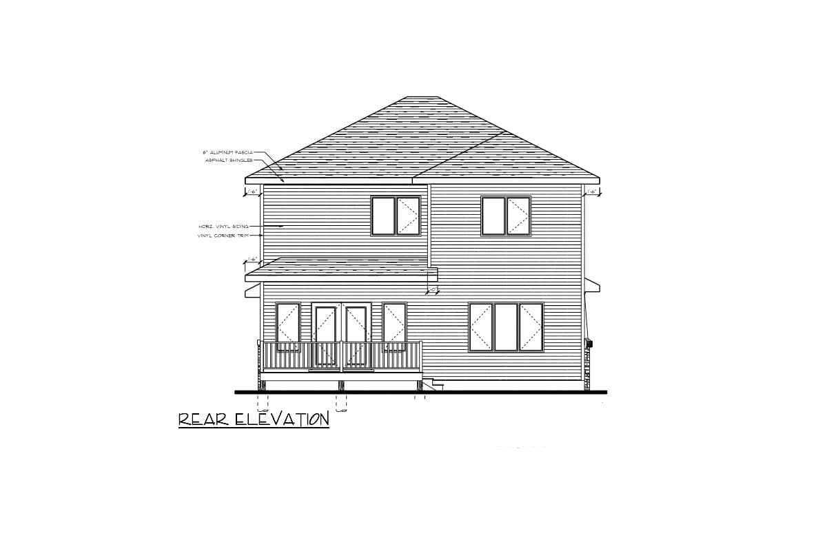 Rear elevation drawing of a two-story house with horizontal vinyl siding, asphalt shingles, double doors, and a deck.