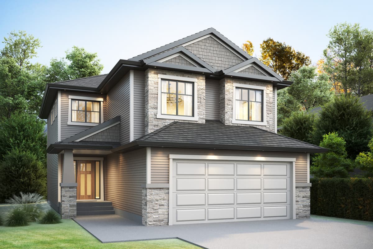 Two-story Modern Farmhouse house plan exterior with a two-car front-facing garage, stone accents, and prominent gables.