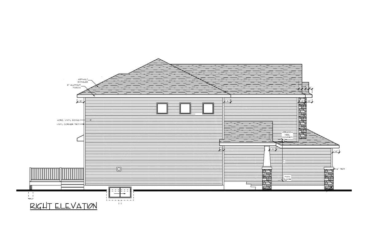 Right elevation house plan showing horizontal vinyl siding, stone accents, a gable roof, and three windows.
