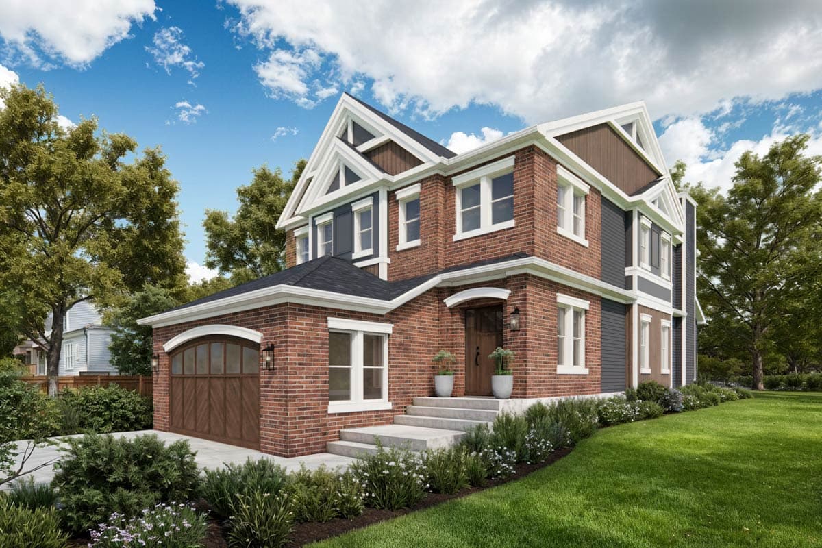 House plan exterior: two-story brick and siding home with arched garage, prominent gables, and covered entryway.