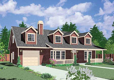 House plan exterior: two-story home with gabled dormers, a front porch, and an attached garage.