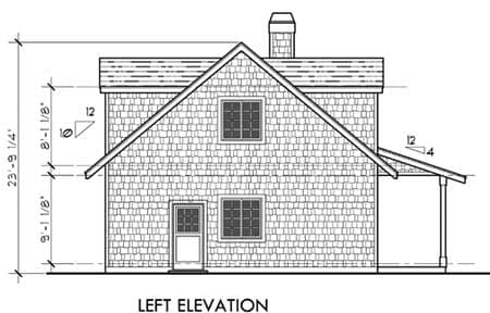 Left elevation drawing of a two-story house with shingled siding, a gable roof, chimney, two windows per story, and a covered porch.