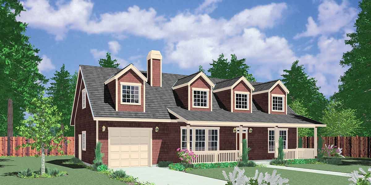 House plan exterior: Ranch style, one story with attached garage, dormer windows, and covered front porch.