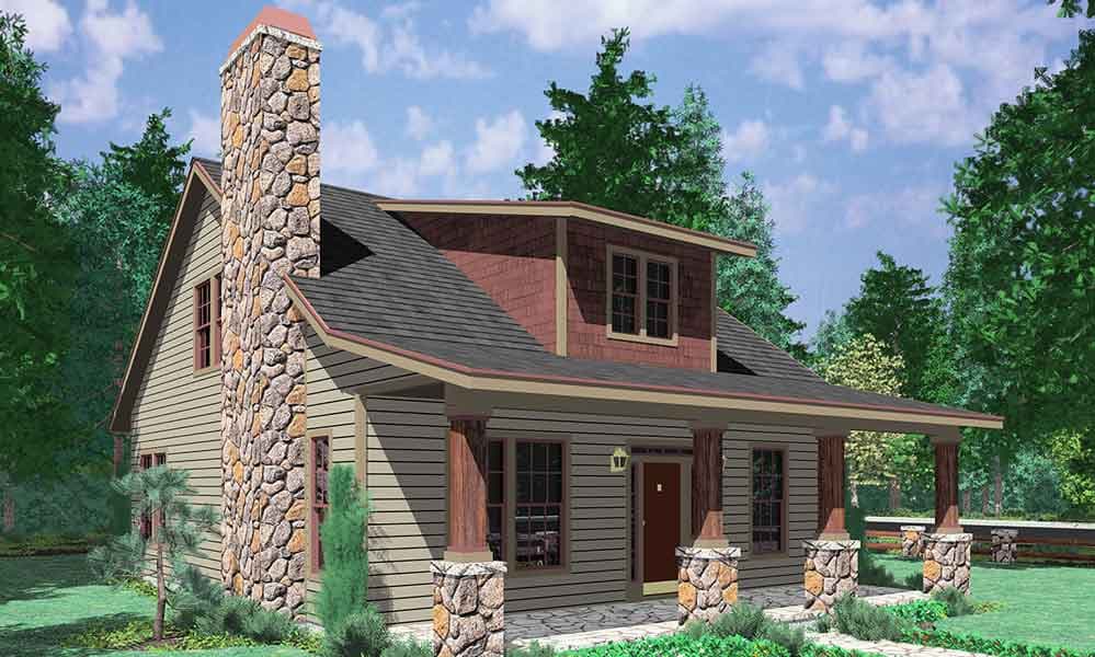 House plan exterior: two-story cottage with prominent stone chimney, covered front porch supported by stone and wood columns, and dormer.
