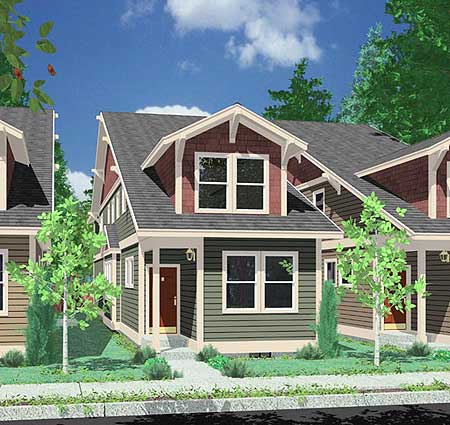 House plan exterior with prominent front gables, dormers, and a covered entry porch.