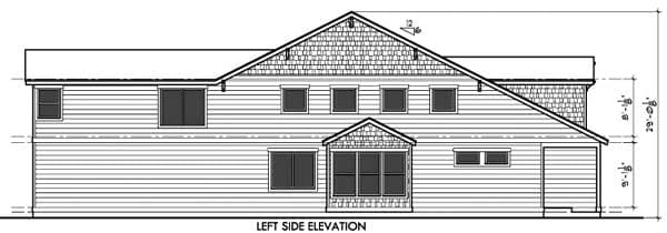 Left side elevation drawing showing a two-story house with horizontal siding, multiple windows, and a prominent gabled dormer.