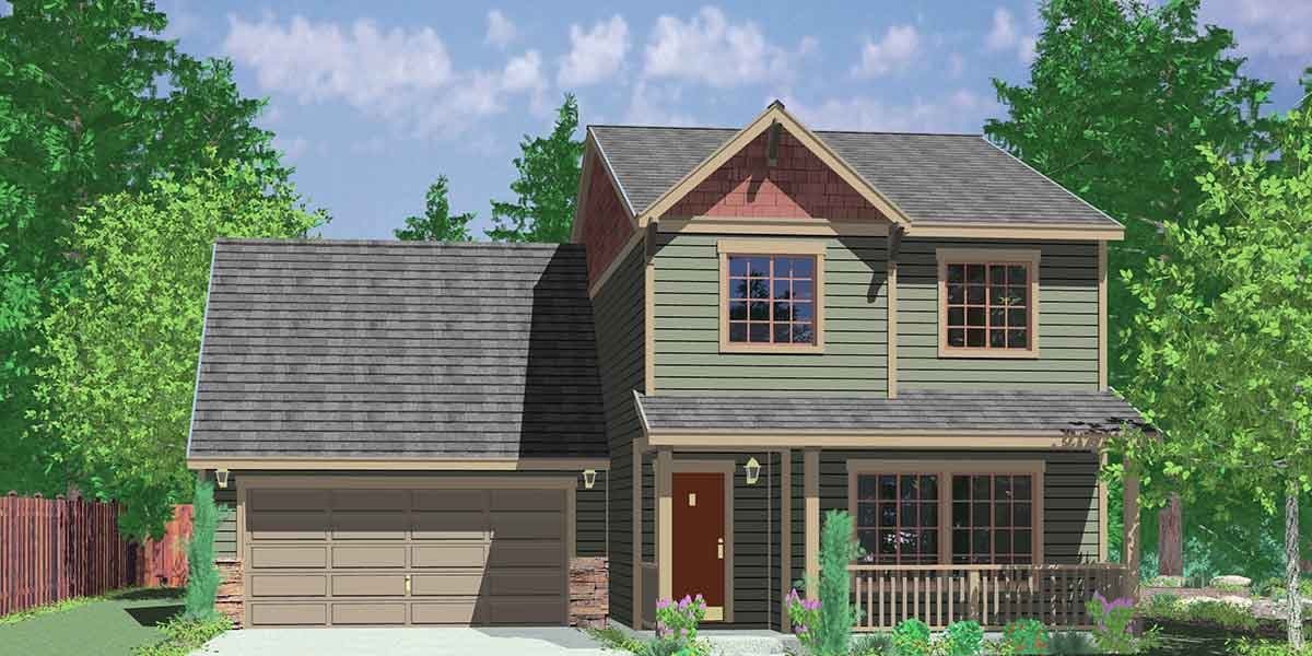 Two-story house plan exterior with a gabled dormer, covered front porch, siding, and an attached garage.