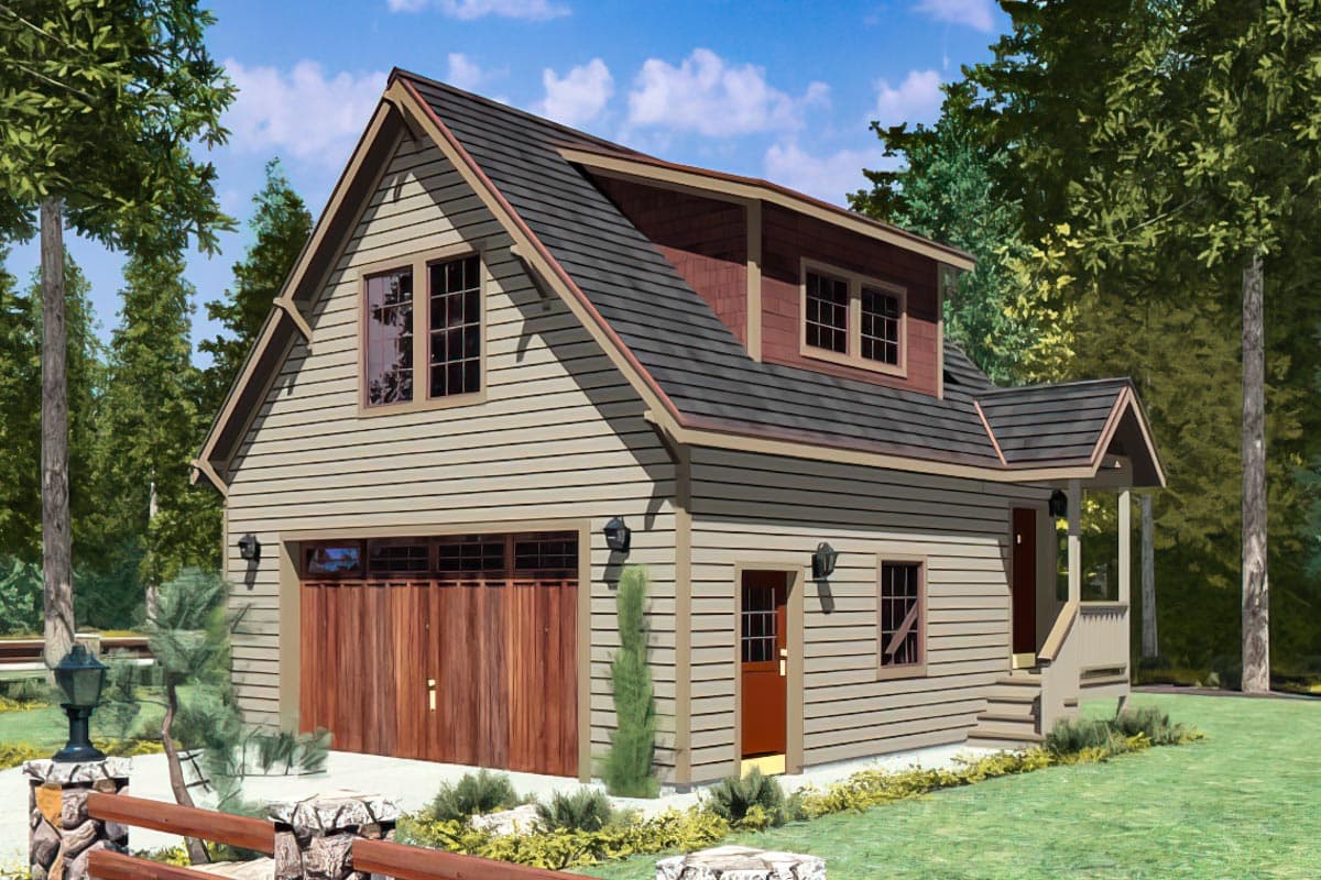 House plan exterior: Two-story structure with garage, gable roof, dormer, and covered porch.
