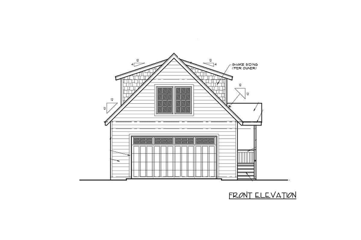 Front elevation drawing of a two-story garage with shake siding, double garage doors, and a small covered porch.