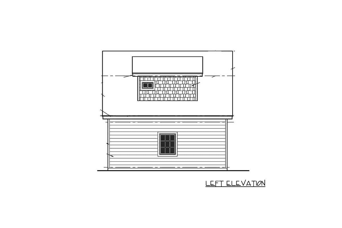 Left elevation drawing of a house with clapboard siding, a single window, and a dormer with a shingled roof.