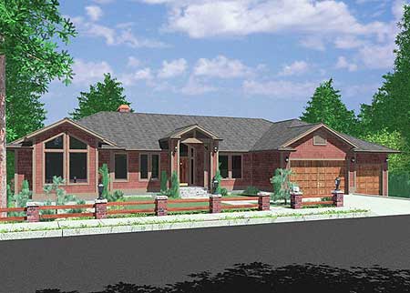 House plan exterior: Ranch style, brick facade, covered entry, large front window, and attached three-car garage.