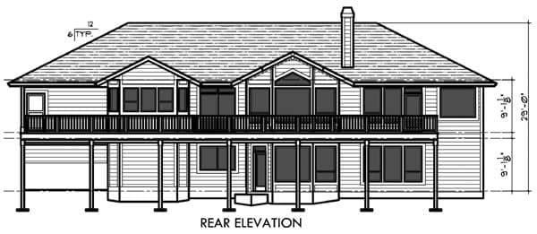 Rear elevation drawing of a multi-story house with a deck, large windows, and a gabled roof.