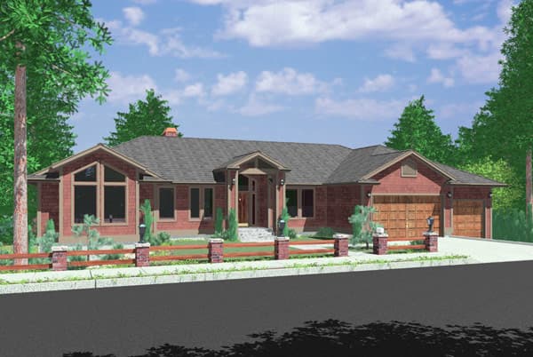 House plan exterior: Single-story home with a covered entry, prominent gables, and a three-car garage.