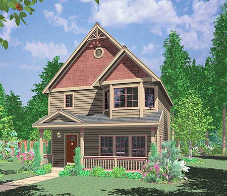 House plan exterior: Two-story home with a prominent gable, hip roof porch, and bay windows.