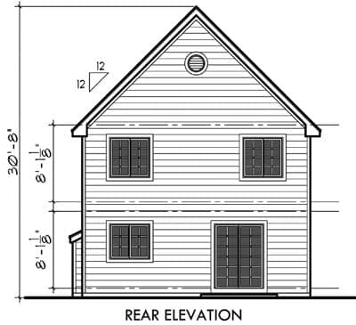 Rear elevation of a two-story house plan, showing double doors, four windows, and a circular vent under the gable.