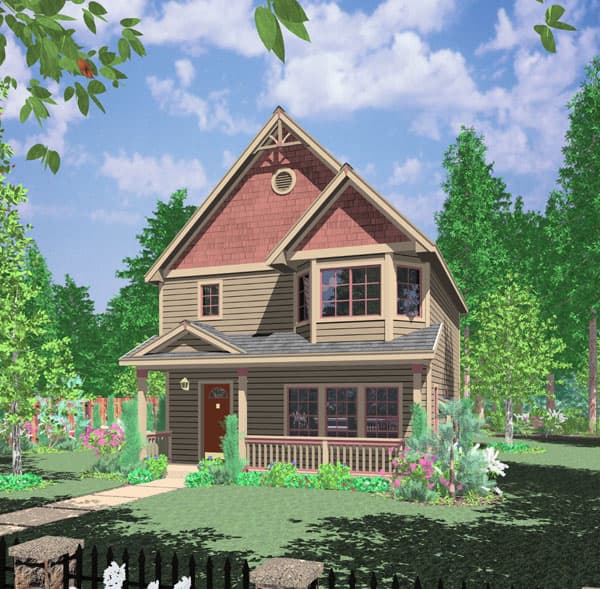 Two-story house plan exterior with a covered front porch, bay window on the second story, and prominent gables.
