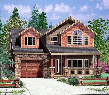 House plan exterior showing a two-story home with stone and wood siding, front-facing garage, and covered front porch.