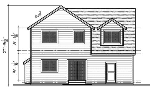 Two-story house plan exterior drawing showing a pitched roof, dormer, double doors, and single entry door.