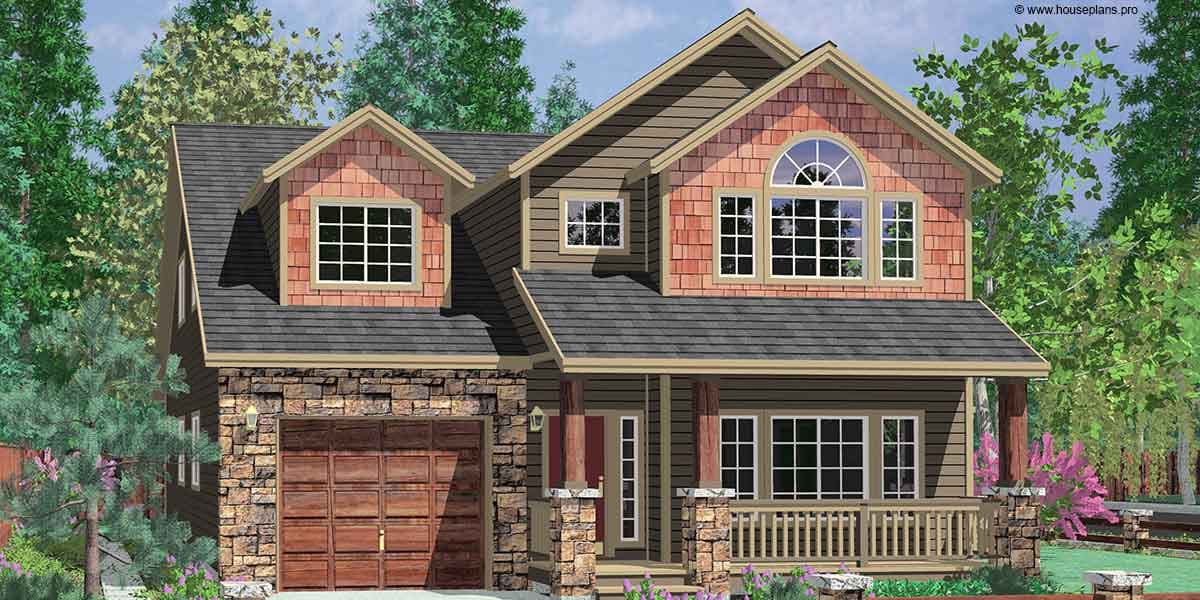 House plan exterior of a two-story home with a stone base, covered front porch, dormers, and a single-car garage.