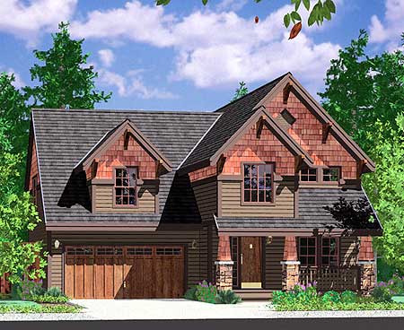 Craftsman style house plan exterior with stone accents, a covered front porch with columns, gable dormers, and a side-entry garage.