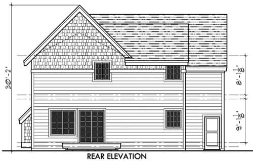 Rear elevation of a house plan featuring a prominent gable with decorative shingles, two stories, double sliding glass doors, and a side entry door.