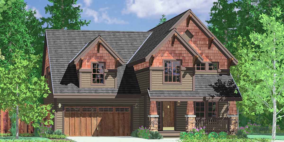 House plan exterior: Two-story home with gables, dormers, stone accents, front porch, and attached garage with wood doors.