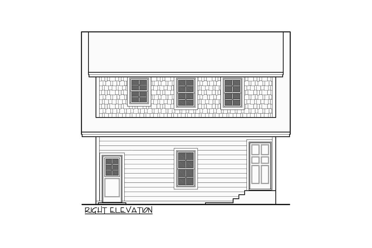 Right elevation of a two-story house plan with shingle siding, two doors, and three windows on the upper level.