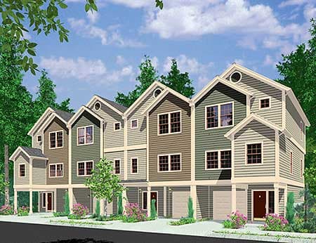 Architectural house plan exterior of three-story townhomes with garages, gable dormers, and varied siding.