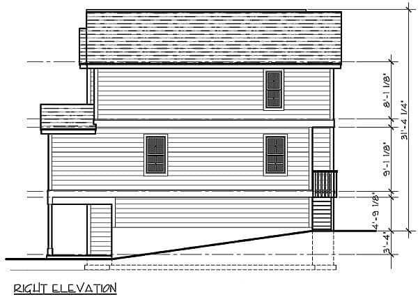 Right elevation house plan drawing showing a two-story structure with vinyl siding, gabled roof, and exterior stair. Dimensions provided.