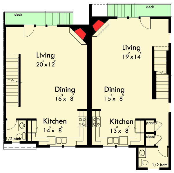 Plan 8184LB: Four-Plex Great for Combining - Floor Plan - Main Level