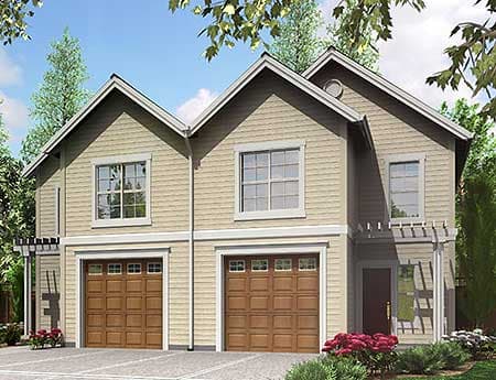 House plan exterior with two stories, dual garages, gable roofs, and visible dormer.