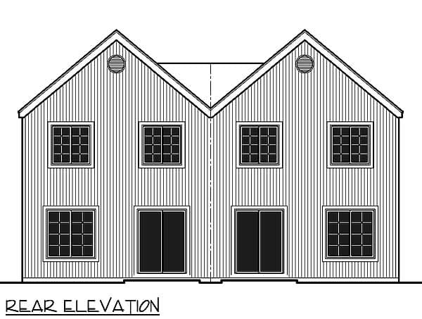 Rear elevation drawing of a two-story house plan with gabled roofs, paired windows, and sliding doors.