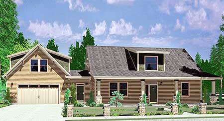 House plan exterior: Two-story Modern Farmhouse with side-entry garage, gables, dormer, and covered front porch.