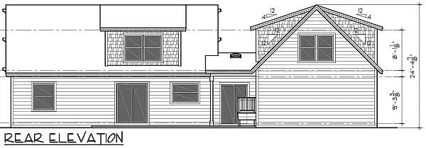 Rear elevation house plan drawing with multiple gables, dormer, siding, and windows.