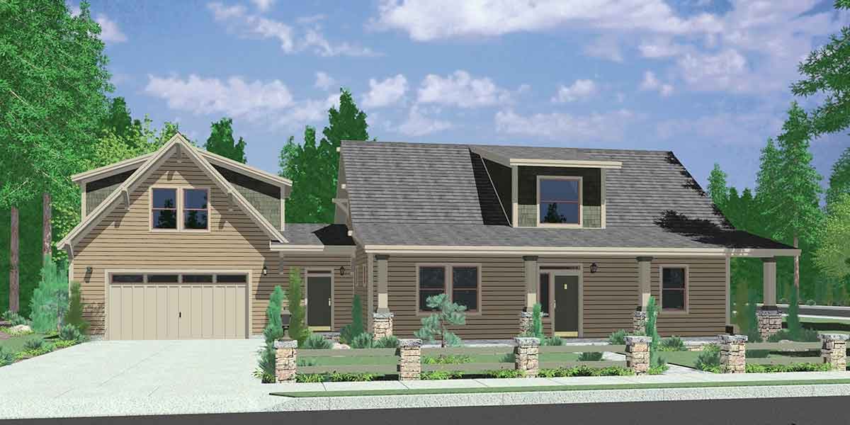 House plan exterior with a gabled dormer, two-car garage, and covered front porch with stone pillars.