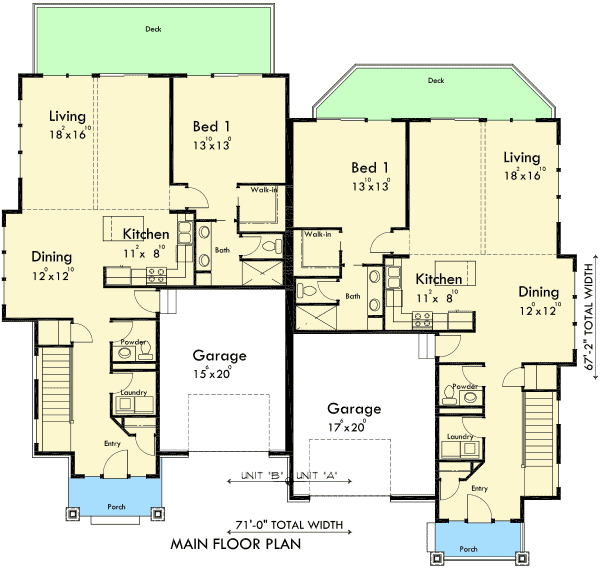 Plan 8188LB: Duplex for a Down-Sloping Lot - Floor Plan - Main Level