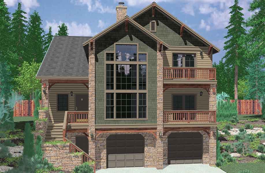 House plan exterior: Multi-story lodge-style home with stone accents, prominent multi-story window, multiple balconies, and a three-car garage.