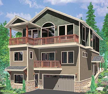 House plan exterior rendering of a three-story home with multiple balconies, a two-car garage, and gabled roof.
